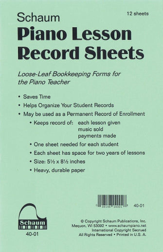 Piano Lesson Record Sheets - Schaum